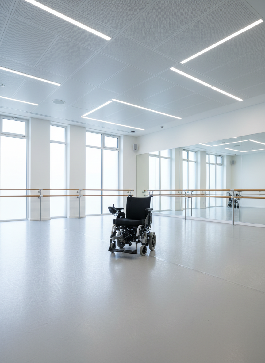 A contemporary rehearsal studio with smooth light-grey sprung flooring and a single, sleek power wheelchair parked near the center, its contours and control panel rendered in precise detail. Around it, height-adjustable ballet barres line two walls, and a large frameless mirror reflects the room’s geometric ceiling panels and recessed LED strip lighting. Natural daylight enters through tall frosted windows, combining with the cool overhead lights to create soft, shadowless illumination. Photographic, clean and structured, the image is composed using the rule of thirds from a slightly elevated angle, emphasizing open space, inclusivity, and the room’s professional, corporate-style efficiency in supporting accessible performance art.
