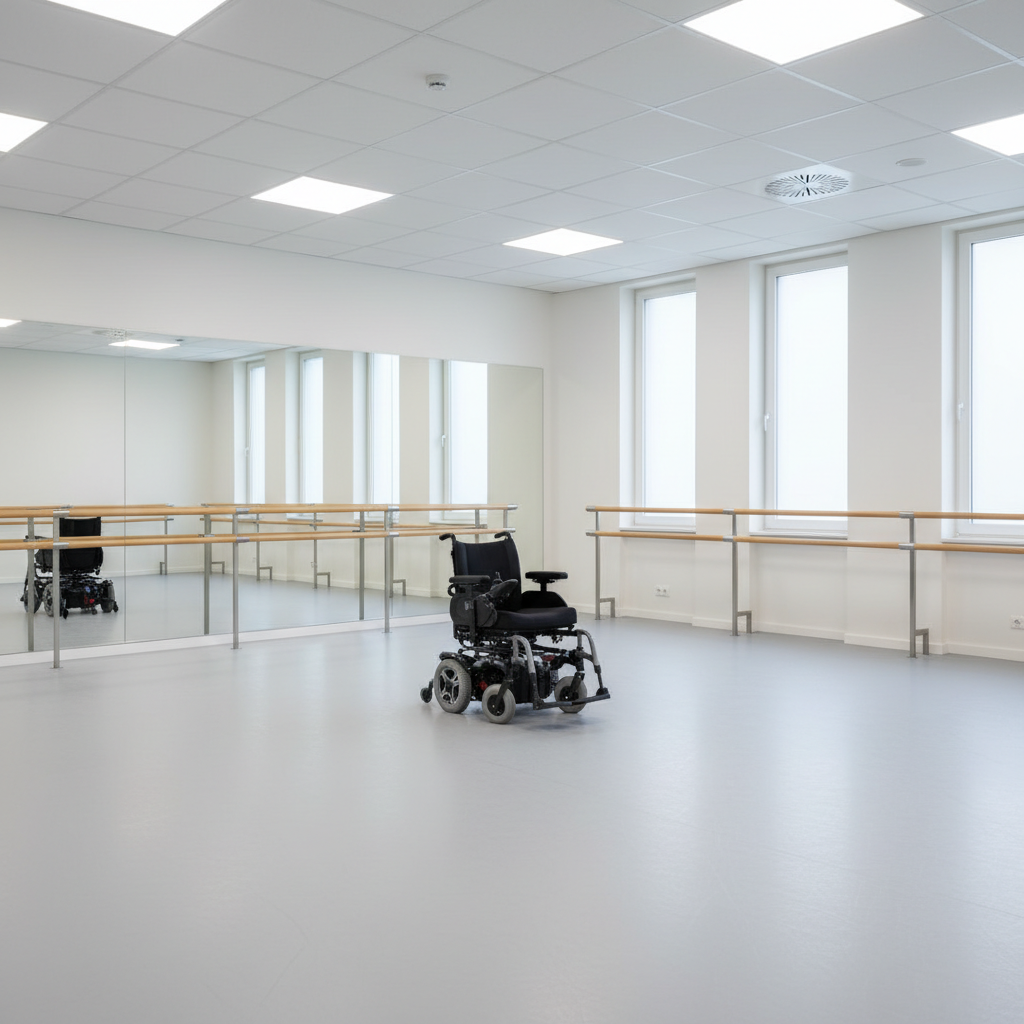 A contemporary rehearsal studio with smooth light-grey sprung flooring and a single, sleek power wheelchair parked near the center, its contours and control panel rendered in precise detail. Around it, height-adjustable ballet barres line two walls, and a large frameless mirror reflects the room’s geometric ceiling panels and recessed LED strip lighting. Natural daylight enters through tall frosted windows, combining with the cool overhead lights to create soft, shadowless illumination. Photographic, clean and structured, the image is composed using the rule of thirds from a slightly elevated angle, emphasizing open space, inclusivity, and the room’s professional, corporate-style efficiency in supporting accessible performance art.