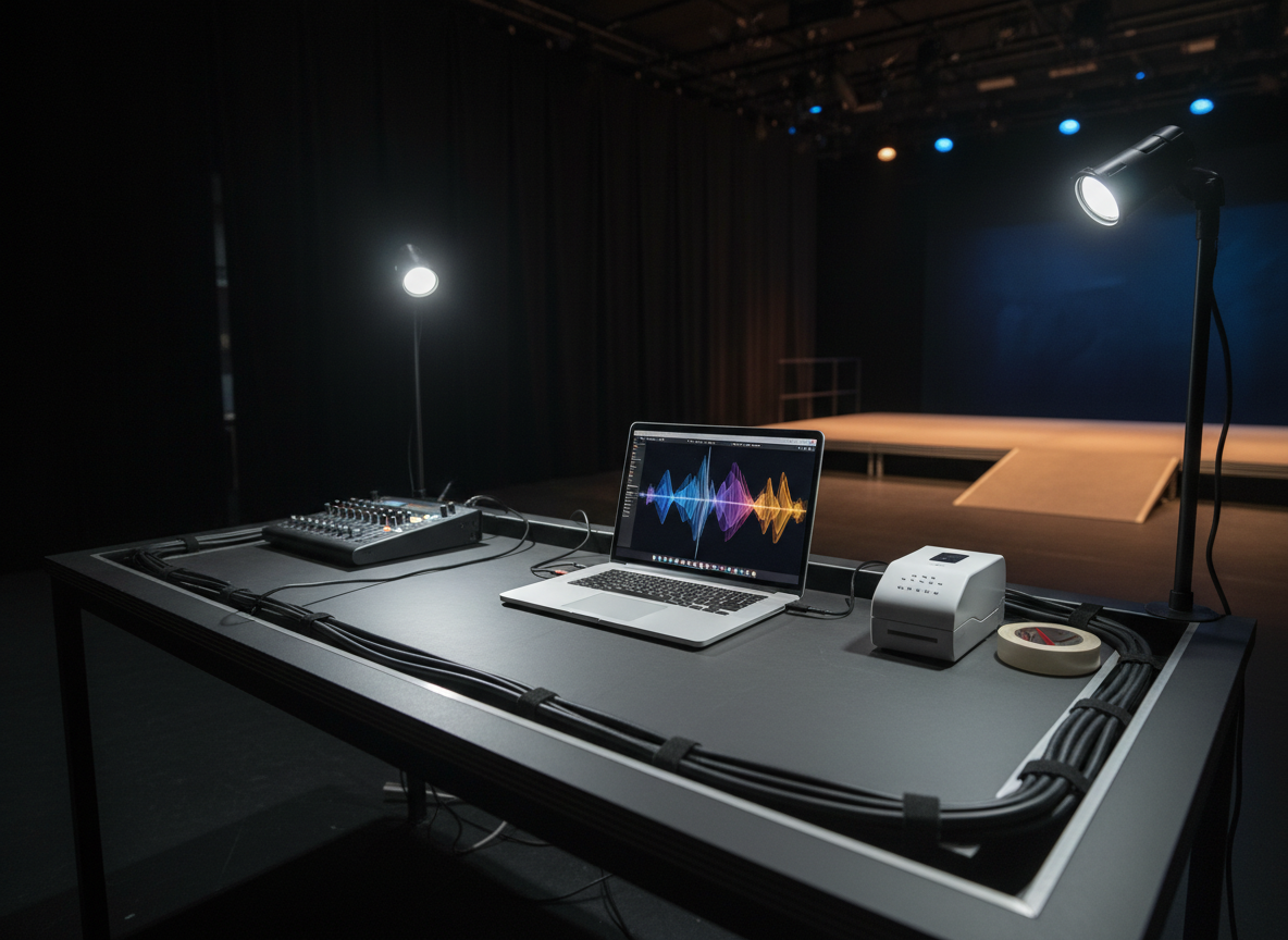 A minimalist production desk set up in a black box theatre, with a slim, open laptop displaying an abstract waveform of sound and light cues against a dark interface, flanked by an audio mixing console and a small braille labeler. Thick, organized cables run in tidy channels across the matte, charcoal tabletop. In the background, a partially visible neutral-toned set features modular platforms and a ramp, softly lit by overhead rigging. Cool, focused work lights above the desk illuminate controls and textures, while the stage beyond is bathed in a gentle, diffused wash. Photographic realism, shot from a three-quarter angle with moderate depth of field, projecting a calm, methodical, and inclusive creative process.