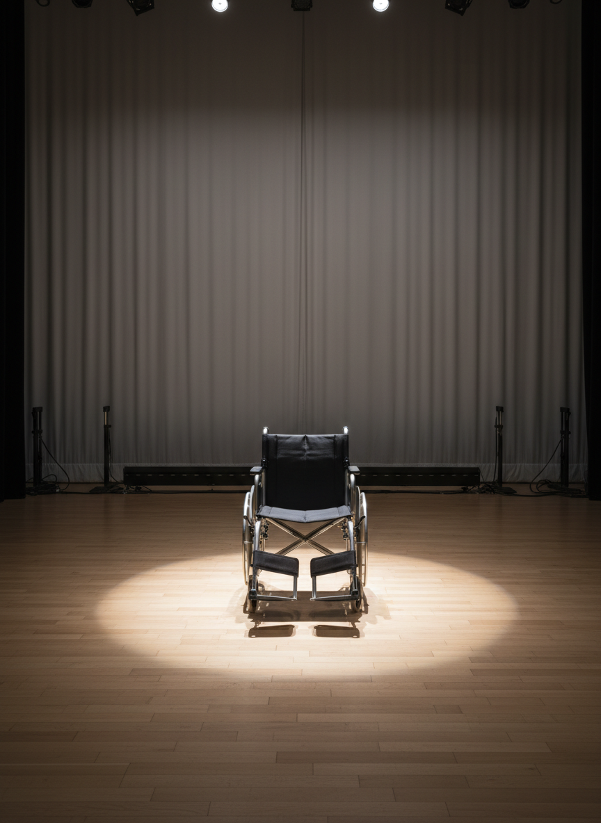 A polished wooden theatre stage seen from the wings, with an empty, adjustable-height metal wheelchair positioned precisely at center stage, its brushed aluminum frame and matte black upholstery catching the light. The backdrop is a clean, neutral grey curtain with subtle vertical folds, framed by minimal rigging and neatly coiled cables. Overhead, diffused white stage lights create an even wash, with a single soft spotlight defining a crisp circular pool of light around the chair and gentle, elongated shadows behind it. Photographic realism with a corporate, clean aesthetic, shot at eye level with a slightly wide lens, balanced composition and sharp focus throughout, conveying accessibility, professionalism, and anticipation of performance.