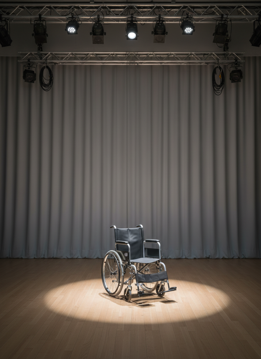 A polished wooden theatre stage seen from the wings, with an empty, adjustable-height metal wheelchair positioned precisely at center stage, its brushed aluminum frame and matte black upholstery catching the light. The backdrop is a clean, neutral grey curtain with subtle vertical folds, framed by minimal rigging and neatly coiled cables. Overhead, diffused white stage lights create an even wash, with a single soft spotlight defining a crisp circular pool of light around the chair and gentle, elongated shadows behind it. Photographic realism with a corporate, clean aesthetic, shot at eye level with a slightly wide lens, balanced composition and sharp focus throughout, conveying accessibility, professionalism, and anticipation of performance.