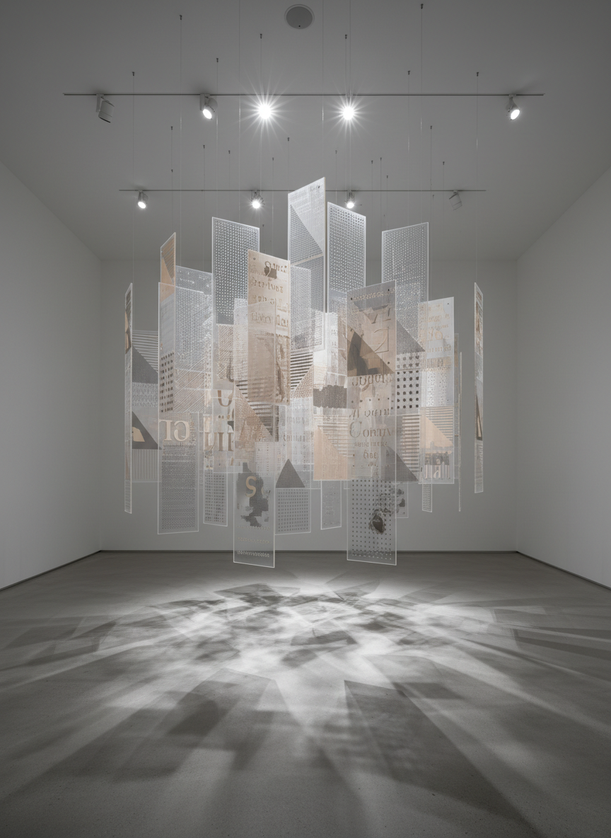 An abstract visual interpretation of inclusive performance art represented by a series of interlocking, semi-transparent acrylic panels in neutral greys and soft beige, suspended in a pristine white gallery-like space. Each panel has embedded tactile patterns—raised dots, lines, and geometric shapes—alongside subtle printed fragments of script in large, clear typography. Directional spotlights from the ceiling cast crisp, overlapping shadows and gentle reflections on the polished concrete floor, forming a structured grid of light and dark. Photographic realism with a minimalist, corporate feel, captured from a slightly low angle to emphasize height and depth. The mood is contemplative and professional, suggesting layered social stories and multiple ways of experiencing a performance without depicting any people.